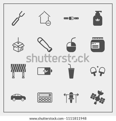 Modern, simple vector icon set with game, battery, direction, fork, juice, upload, button, restaurant, street, knife, move, clean, bottle, baseball, energy, electricity, road, liquid, satellite icons
