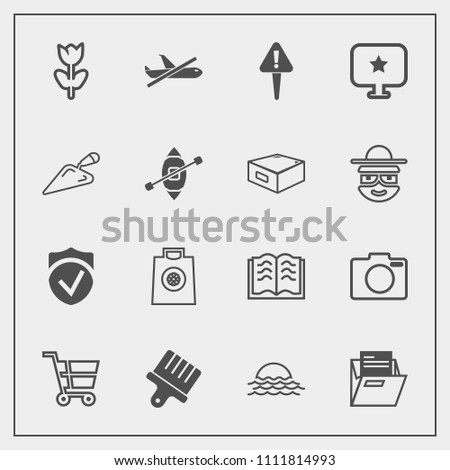 Modern, simple vector icon set with photo, lens, blossom, nature, book, morning, flight, literature, sale, blank, gift, mark, technology, computer, fashion, danger, travel, education, landscape icons
