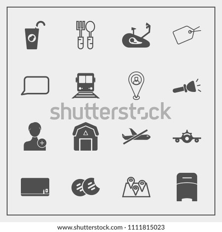 Modern, simple vector icon set with dinner, account, location, furniture, fitness, blank, travel, flight, restaurant, chalk, juice, bedroom, snack, human, bike, fruit, food, kitchen, double, pin icons