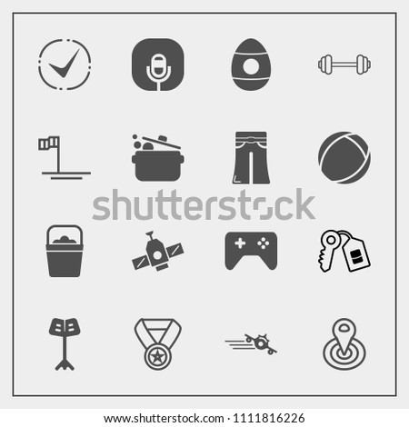 Modern, simple vector icon set with key, handle, exercise, radio, airplane, station, prize, object, orbit, win, holiday, space, decoration, game, workout, departure, music, house, plane, musical icons