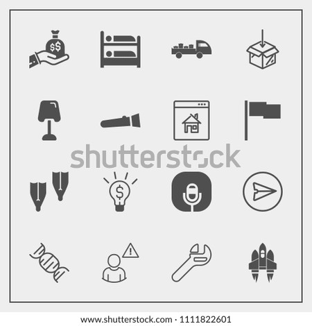 Modern, simple vector icon set with space, rocket, spaceship, finance, communication, radio, online, shipping, lamp, sport, delivery, web, music, upload, summer, equipment, truck, package, craft icons
