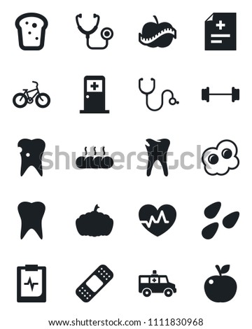 Set of vector isolated black icon - medical room vector, pumpkin, seeds, heart pulse, diagnosis, stethoscope, patch, ambulance car, barbell, bike, tooth, caries, clipboard, diet, bread, omelette