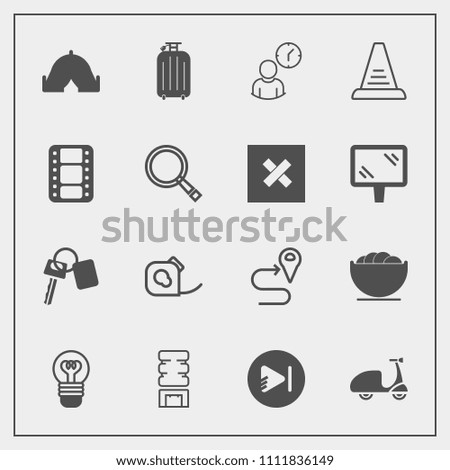Modern, simple vector icon set with container, electrical, bicycle, lamp, drink, ride, bowl, insulating, tape, outdoor, lightbulb, bulb, bike, travel, luggage, adventure, map, play, sport, white icons