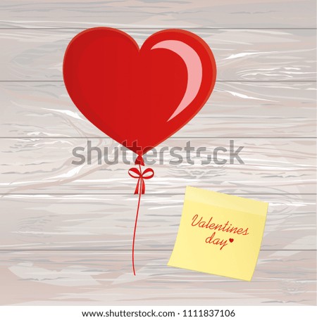 Balloons in the shape of heart bandaged with ribbon and bow, for a holiday and birthday and a party. Yellow sheet of paper for notes. Sticker. Red inflatable balls. Invitation. Vector on wooden back