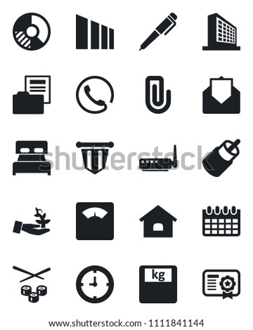 Set of vector isolated black icon - office building vector, pennant, calendar, circle chart, scales, clock, sorting, mail, rca, paper clip, document folder, pen, house, bedroom, phone, sushi, router