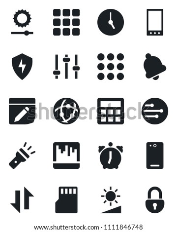 Set of vector isolated black icon - mobile vector, phone back, menu, protect, tuning, calculator, clock, alarm, bell, scanner, sd, network, notes, data exchange, torch, brightness, lock