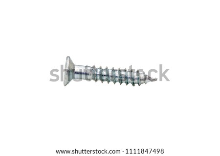 Close-up on screws, metal screws, iron screws, wood screws isolated on whited background Royalty-Free Stock Photo #1111847498