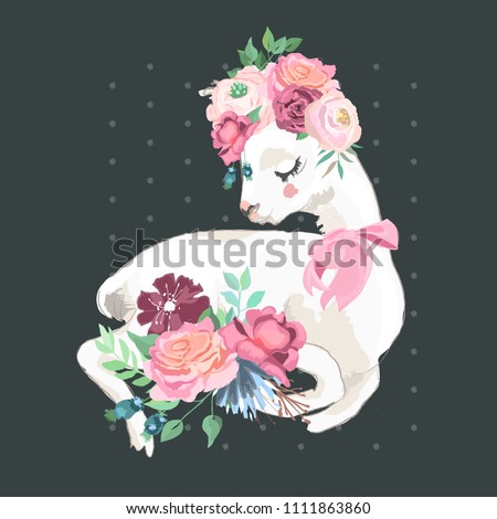 Beautiful llama, alpaca with flowers, floral crown, bouquet and tied bow. Vector, sketch, outline, cartoon illustration
