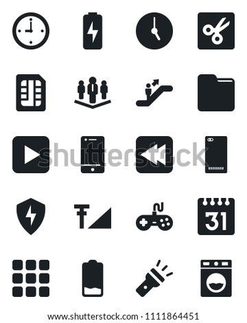Set of vector isolated black icon - escalator vector, gamepad, cell phone, low battery, play button, rewind, back, menu, protect, clock, sim, folder, calendar, torch, cut, cellular signal, charge