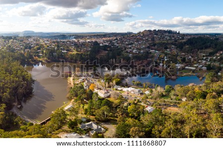 An aerial view of the quaint country town of Daylesford on a winter's day in Victoria, Australia Royalty-Free Stock Photo #1111868807