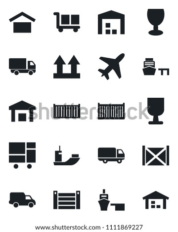 Set of vector isolated black icon - plane vector, sea shipping, cargo container, car delivery, port, consolidated, fragile, warehouse storage, up side sign