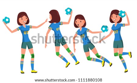 Handball Young Woman Player Vector. Girl Athlete. Throws Ball In Jump. Attack Figure. Flat Cartoon Illustration