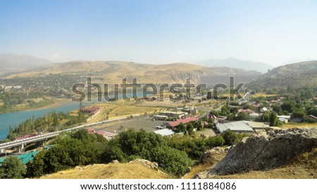 Mountains of Uzbekistan. Photo at a low altitude in the mountains. Environment and nature of the mountains.