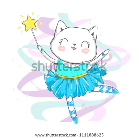 Hand Drawn Cute Cat, ballerina illustration, children print on t-shirt.