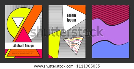 Abstract Geometric Backgrounds in Trendy Bright Colors. Placard Templates Set with Handwritten Wavy Stripes. Covers with Triangles and Abstract Geometric Shapes in Bauhaus Style for Brochure, Layout.
