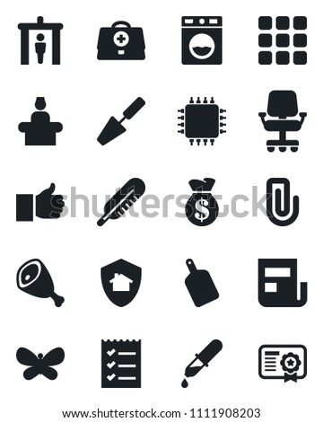 Set of vector isolated black icon - security gate vector, reception, trowel, butterfly, doctor case, dropper, thermometer, finger up, menu, paper clip, news, checklist, ham, cutting board, chip