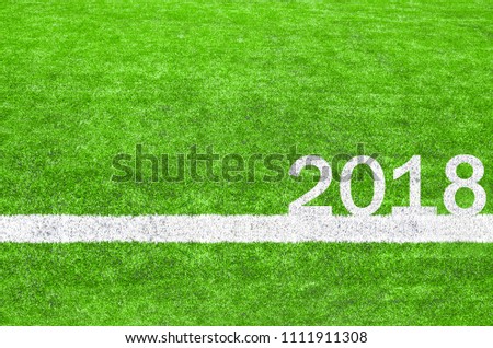 2018 white stripe on the green soccer field.