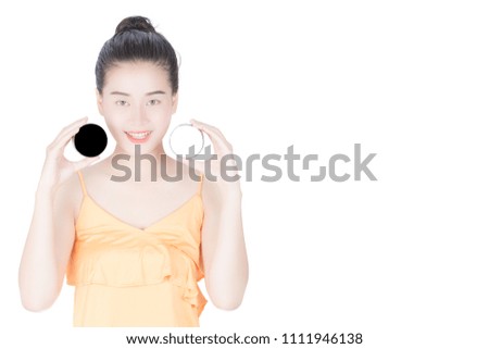 Girl holds the product for presentation, Lady beautiful in yellow shirt girl advertising your product on beauty products sign board, Asian female model isolated on white background.