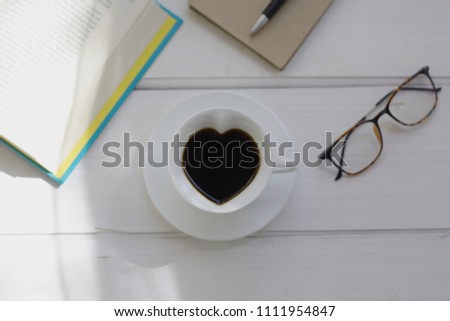 Coffee cup on the morning table - Stock Photo Coffee - Drinks, Coffee Cups, Drinks, Books, Glasses, Pens, Books, Vintage Light
