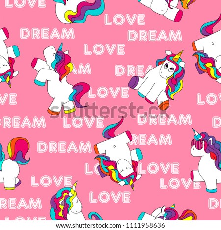 Cute and funny hand drawn unicorn seamless pattern retro background vector
