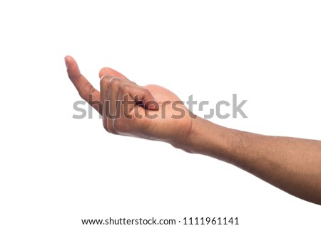 Black male hand beckoning isolated on white background. African american man gesturing with one finger, come here symbol