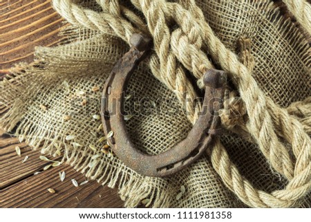 Old horseshoe and rope on wooden boards