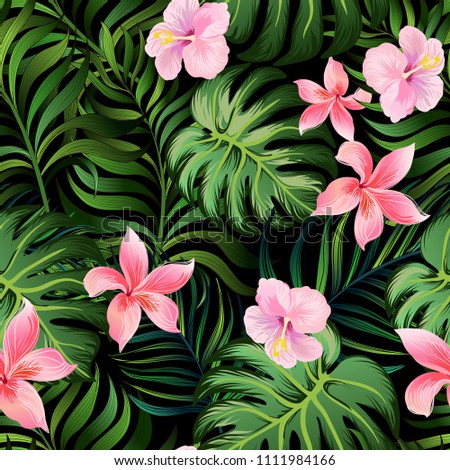 Tropical vector pattern	
Seamless hand drawn exotic  with green palm leaves and hibiscus flower.Stock vector.