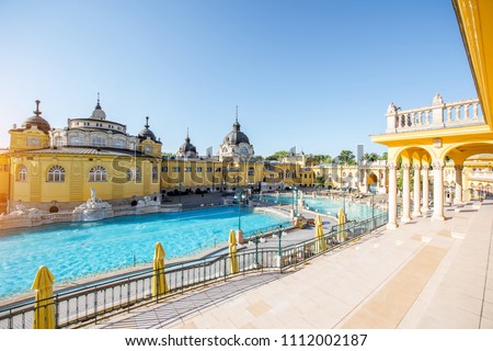 Szechenyi outdoor thermal baths during the morning light without people in Budapest, Hungary Royalty-Free Stock Photo #1112002187