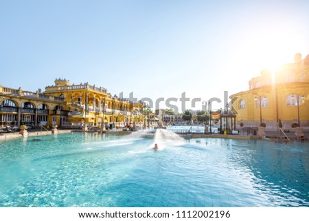 Szechenyi outdoor thermal baths during the morning light without people in Budapest, Hungary Royalty-Free Stock Photo #1112002196