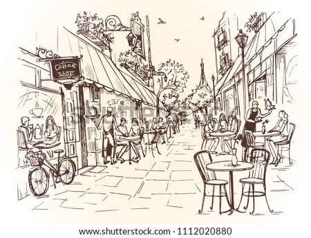 Street cafe in the city. Bicycle at the entrance to the cafe and people with cupe of coffee at the tables. Illustration in vintage style. Vector illustration Royalty-Free Stock Photo #1112020880