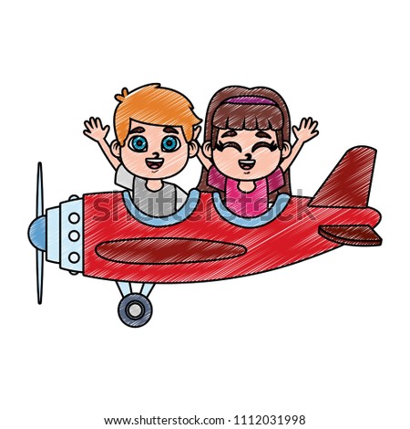 Cute kids flying with airplane