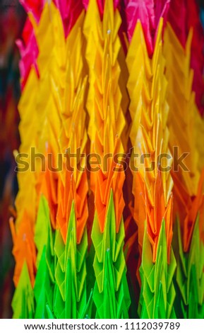 The Paper Folded into a Bird is Bunch.Bunch row of colorful origami paper crane birds. (Selective focus)