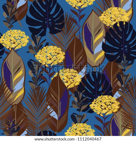 Dark Summer ninght retro botanical jungle leaves pattern, tropical seamless, hydenyear flower for fashion fabric and all prints on dark blue background in vector