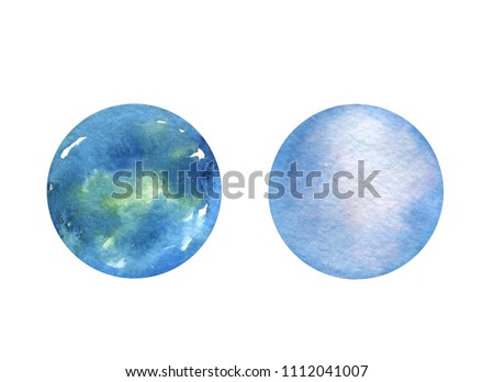 Watercolor hand drawn stylized blue planets - earth type planet and planet with gas atmosphere. Isolated.