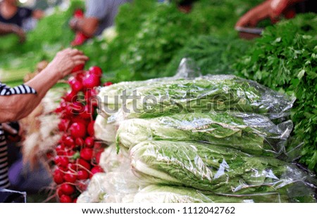 greens, vegetables, onions, radish, celery, mint are sold on the market. the layout of the greenery on the table. woman's hand Royalty-Free Stock Photo #1112042762