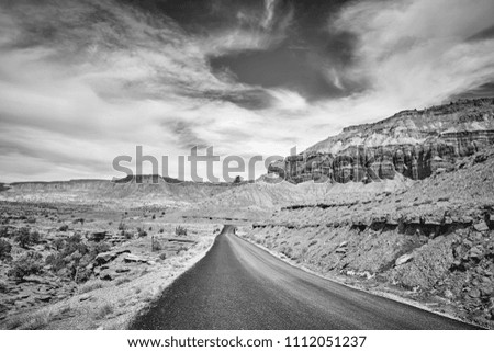 Black and white picture of a scenic road, Capitol Reef National Park, Utah, USA.