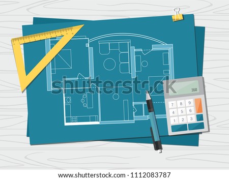 Workplace - technical project architect house plan blueprint. Construction background. Royalty-Free Stock Photo #1112083787