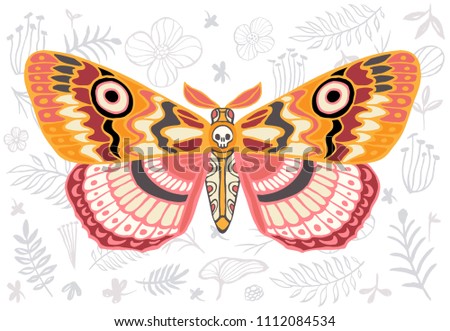 Night tropical moths hawkmoth on floral background, butterfly vector insect, vintage style, wings, flowers, skull, leaves. Hand drawn vector illustration.
