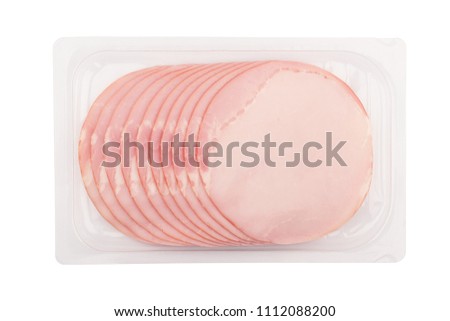 top view of round slices of smoked pork loin ham in transparent plastic tray packaging isolated on white background Royalty-Free Stock Photo #1112088200