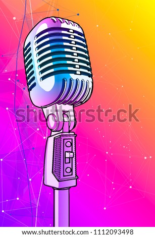 Violet microphone on a bright multi-colored background - vector image. A glossy metal microphone pink-blue is surrounded by a minimalistic digital sound wave