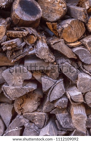 stack of firewood stacked for a stove and a fireplace near the house in rustic rustic style background with space for text