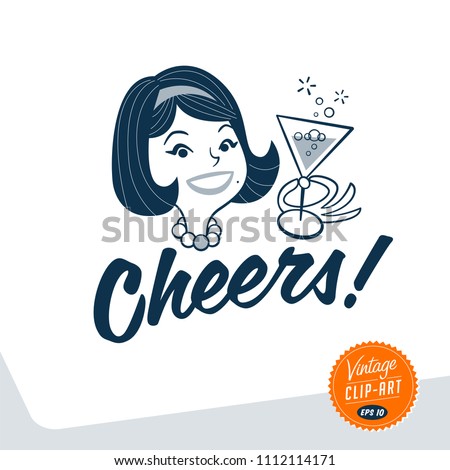 Vintage style clip art - Mid-century woman holding a glass of champagne and cheering up - Vector EPS10