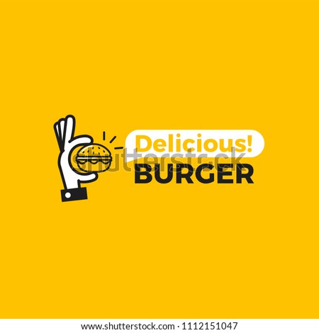 Delicious burger. Hand with a small hamburger. Logotype for restaurant or cafe . Vector illustration Royalty-Free Stock Photo #1112151047