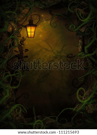 Halloween horror background with spooky vines. Green branches and lantern with copyspace.