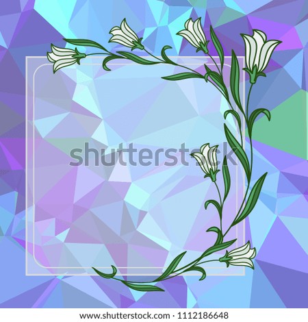 Square frame with bellflowers on a mosaic background. Copy space. Raster clip art.