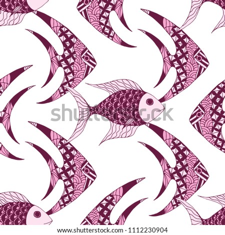 Exotic Fish. Seamless Pattern with Colorful Fish Hand Drawn in Zentangle Style. Sea Pattern for Paper, Chintz, Swimwear. Bright Simple Texture in Trendy Colors. Vector Illustration.