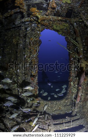 fisheye view of a doorway on the inside of USCG Cutter Duane in Key Largo, Florida Royalty-Free Stock Photo #111225929