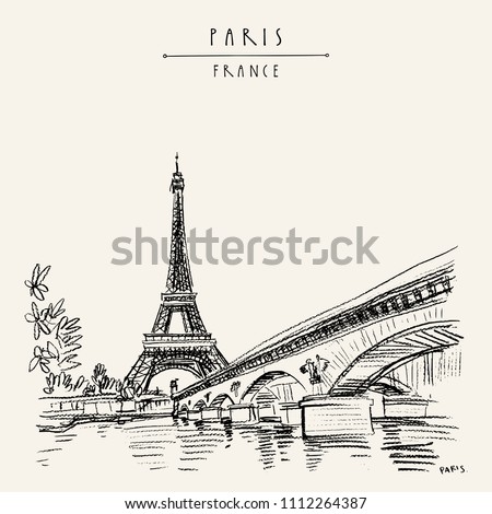 Eiffel Tower in Paris, France. Symbol of France, French icon. Bridge and water. Hand drawing in retro style. Travel sketch. Vintage hand drawn touristic postcard, poster or book illustration in vector Royalty-Free Stock Photo #1112264387