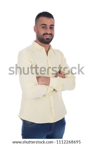 young man cross arms standing and smiling to the camera , isolated in white background Royalty-Free Stock Photo #1112268695