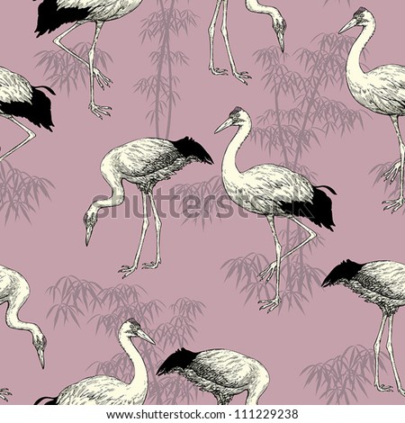 Abstract birds background, Japanese and Chinese seamless pattern, Asian wallpaper, fashion vector fabric with storks, graphic birds and trees for design